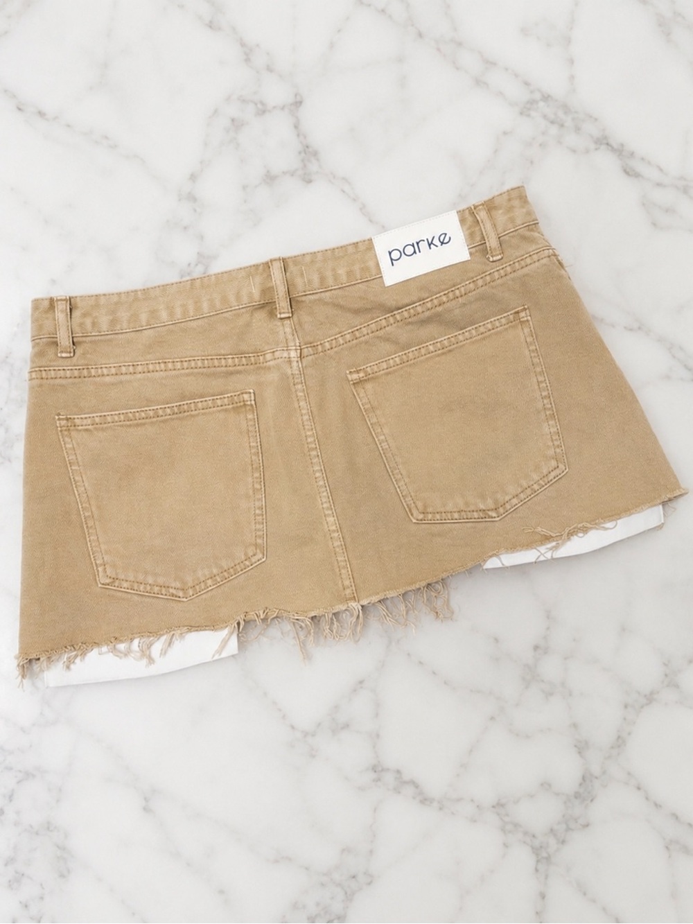 Parke Camel Denim Mini Skirt Raw Hem Exposed Pocket Detail Size 30